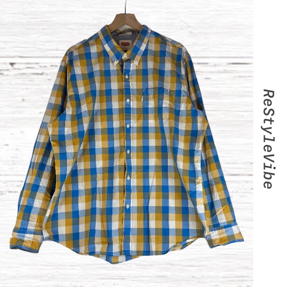 LEVI’S Men’s Size XXL Shirt Button Down Cotton Plaid White Tab Orange Blue Slim